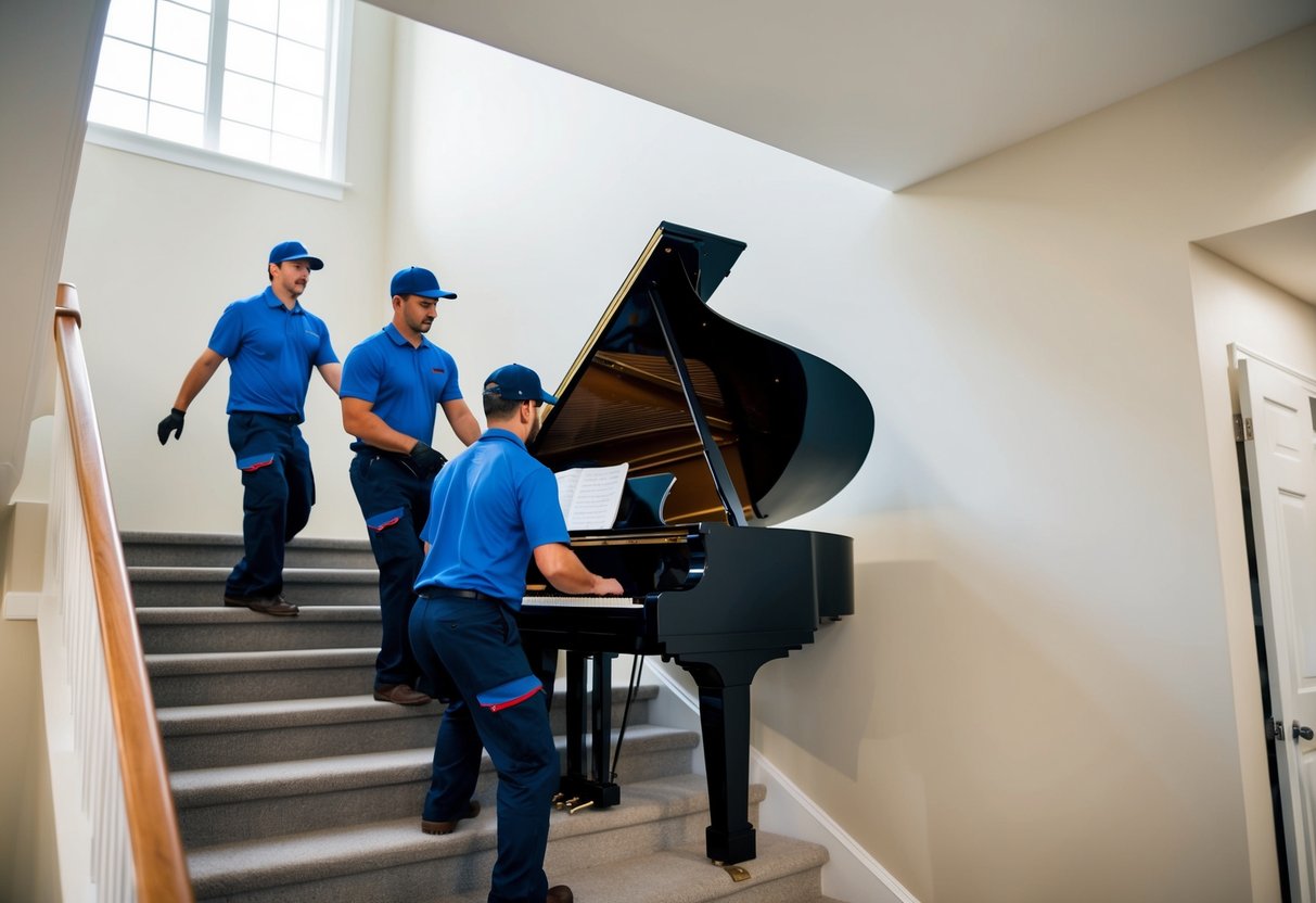 Ett piano som försiktigt lyfts och manövreras nedför en trappa av ett team av flyttare