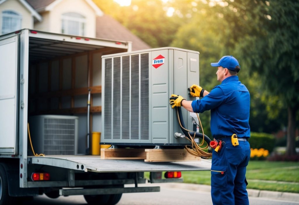 En tekniker kopplar bort och transporterar en värmepump från ett hus till ett annat, och säkerställer den noggrant i en flyttbil.